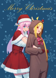 Rule 34 | 2girls, absurdres, ahoge, alternate costume, animal costume, animal hood, antlers, blonde hair, blue background, blue eyes, blush, bocchi the rock!, bow, breasts, capelet, christmas, cube hair ornament, fake antlers, fur trim, gloves, gotoh hitori, hair between eyes, hair ornament, hat, highres, hood, hood up, horns, ijichi nijika, kazu no reason, large breasts, long hair, long sleeves, looking at another, looking back, merry christmas, multiple girls, nervous, one side up, open mouth, pink hair, red bow, red eyes, reindeer antlers, reindeer costume, reindeer hood, santa costume, santa hat, side ponytail, sidelocks, smile, snowflake ornament, thighhighs, white thighhighs