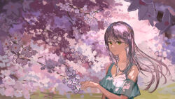 Rule 34 | 1girl, absurdres, cherry blossoms, closed mouth, clothing cutout, floating hair, flower, frilled shirt, frills, hand up, highres, kasumi yuzuha, looking at viewer, original, outdoors, pink hair, shirt, short sleeves, shoulder cutout, smile, solo, tree, white shirt, yellow eyes