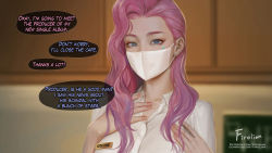 Rule 34 | 1girl, alternate costume, artist name, blurry, blurry background, character name, collarbone, english text, firolian, hands up, highres, league of legends, long hair, looking at viewer, mask, mouth mask, pink eyes, pink hair, seraphine (league of legends), shirt, solo, speech bubble, star tattoo, tattoo, upper body, watermark, web address, white shirt