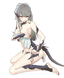 Rule 34 | 1girl, absurdres, areola slip, au ra, bikini, blush, bow, collarbone, eyeshadow, final fantasy, final fantasy xiv, fingernails, grey bikini, grey bow, grey eyes, grey hair, hair bow, half-closed eyes, highres, holding, holding towel, horns, long fingernails, long hair, makeup, miiro, nail polish, navel, parted lips, pink lips, red eyeshadow, red nails, scales, simple background, solo, spikes, swimsuit, tail, teeth, toenail polish, toenails, towel, very long fingernails, warrior of light (ff14), wet, white background