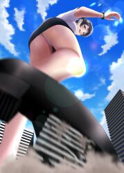 Rule 34 | 1girl, absurdres, black footwear, black skirt, blue sky, building, city, cloud, commission, destruction, giant, giantess, hair ornament, high heels, highres, looking at viewer, looking down, numaguro (tomokun0808), office lady, open mouth, original, outdoors, panties, pencil skirt, rabbit hair ornament, shirt, short sleeves, skeb commission, skirt, sky, solo, underwear, upskirt, white panties, white shirt