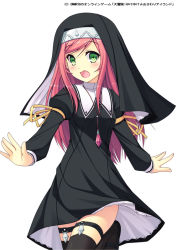 Rule 34 | 1girl, black footwear, black thighhighs, daibouken! yukeyuke osawari island, gem, green eyes, habit, jewelry, long hair, necklace, open mouth, outstretched arms, pink hair, shoes, simple background, solo, spread arms, standing, standing on one leg, thighhighs, tsukishiro karen, watermark, white background, yuntea