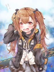 Rule 34 | !, !!, ..., 1girl, absurdres, arm up, armband, belt, belt buckle, black bow, black gloves, black jacket, blurry, blurry background, blush, bow, brown hair, brown ribbon, buckle, commentary, depth of field, dress shirt, fingerless gloves, girls&#039; frontline, gloves, grey belt, grey skirt, hair between eyes, hair bow, hair ornament, hairclip, highres, jacket, long hair, long sleeves, looking at viewer, mutang, neck ribbon, open clothes, open jacket, open mouth, pleated skirt, puffy long sleeves, puffy sleeves, red eyes, ribbon, shirt, skirt, solo, twintails, ump9 (girls&#039; frontline), very long hair, white shirt