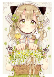 Rule 34 | 1girl, :o, absurdres, animal, animal ears, animal on shoulder, basket, bird, blonde hair, blush, bouquet, bow, bowtie, cat ears, chick, clover hair ornament, commentary request, dress, flower, four-leaf clover hair ornament, frilled shirt collar, frilled sleeves, frills, green eyes, hair flower, hair ornament, hairclip, hamster, head scarf, highres, holding, holding basket, lace trim, looking at viewer, original, rabbit, revision, sakura oriko, upper body, white bow