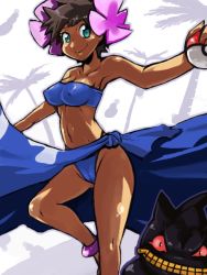 Rule 34 | 1girl, anklet, banette, brown hair, cameltoe, cleft of venus, creatures (company), elite four, female focus, game freak, gen 3 pokemon, jewelry, looking at viewer, midriff, navel, nintendo, palm tree, phoebe (pokemon), poke ball, pokemon, pokemon (creature), short hair, smile, solo focus, strapless, tree, tube top