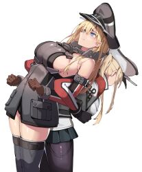 Rule 34 | 2girls, back-to-back, bismarck (kancolle), black pantyhose, black skirt, blonde hair, blue eyes, breasts, brown gloves, closed mouth, gloves, graf zeppelin (kancolle), grey headwear, grey thighhighs, hair between eyes, hat, highres, kantai collection, large breasts, long hair, long sleeves, military, military hat, military uniform, multiple girls, pantyhose, peaked cap, pleated skirt, simple background, simplecar, skirt, thighhighs, uniform, white background, white headwear