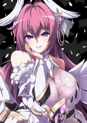 Rule 34 | 1girl, armor, armored dress, bare shoulders, bow, bowtie, bracer, breasts, cleavage, detached sleeves, dorothy (nikke), dress, frilled dress, frills, goddess of victory: nikke, grin, hair between eyes, hair intakes, hair ornament, hand on own chin, headgear, large breasts, light blush, long hair, mechanical wings, pink hair, purple eyes, sankakukin gear, see-through, see-through cleavage, sidelocks, smile, solo, upper body, white dress, wings