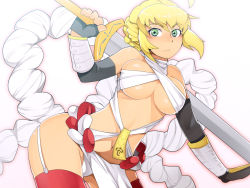 Rule 34 | 1girl, alternate breast size, alternate costume, artoria pendragon (fate), blonde hair, blush, breasts, cleavage, detached sleeves, covered erect nipples, excalibur (fate/stay night), fate/stay night, fate (series), fingerless gloves, gloves, green eyes, hip focus, japanese clothes, kosame daizu, large breasts, no bra, saber (fate), short hair, solo, sword, thighhighs, underboob, wallpaper, weapon, wide hips