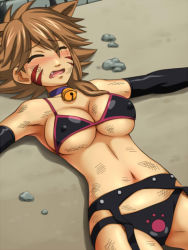 Rule 34 | 1girl, animal ears, awa, beaten, bell, breasts, brown hair, cat ears, cleavage, defeat, covered erect nipples, closed eyes, fairy tail, fang, large breasts, lying, millianna, underboob