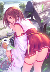 Rule 34 | 1girl, ass, bell, bent over, brown eyes, brown hair, commentary request, detached sleeves, hair bell, hair ornament, hair ribbon, hakama, hakama skirt, hip vent, japanese clothes, ladle, long sleeves, looking at viewer, looking back, mana kakkowarai, md5 mismatch, miko, no panties, open mouth, original, red hakama, resolution mismatch, ribbon, river, shirt, skirt, smile, solo, thigh strap, thighs, well, wide sleeves