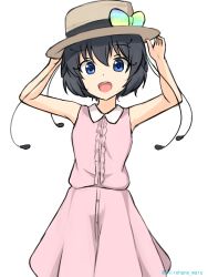 Rule 34 | 1girl, :d, absurdres, alternate costume, antennae, arms up, bare arms, black hair, blue eyes, bow, casual, center frills, frills, hair between eyes, hands on headwear, hat, hat bow, highres, kemono friends, looking at viewer, multicolored bow, open mouth, pink shirt, pink skirt, shiraha maru, shirt, short hair, simple background, skirt, sleeveless, sleeveless shirt, smile, solo, twitter username, western parotia (kemono friends), white background