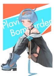 Rule 34 | 1girl, ahoge, aqua thighhighs, asymmetrical legwear, bare shoulders, black choker, black garter straps, blue background, blue footwear, blue hair, blunt bangs, bob cut, boots, choker, commentary, earrings, fingerless gloves, garter straps, girls&#039; frontline, gloves, goggles, goggles on head, hands on own legs, highres, jewelry, looking at viewer, mismatched legwear, multicolored background, off-shoulder shirt, off shoulder, on floor, orange-tinted eyewear, orange background, orange eyes, rspvo neva, serbo-croatian commentary, serbo-croatian text, shirt, short hair, sitting, solo, striped clothes, striped thighhighs, thighhighs, tinted eyewear, translated, vertical-striped clothes, vertical-striped thighhighs, white background, zas m21 (girls&#039; frontline)