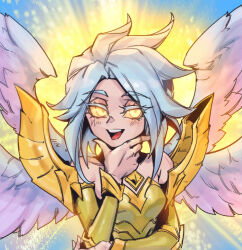 Rule 34 | 1girl, :d, angel, armor, backlighting, bare shoulders, breastplate, breasts, colored sclera, detached sleeves, feathered wings, glowing, glowing eyes, gold armor, grey hair, hand on own chin, kayle (league of legends), league of legends, medium breasts, medium hair, multiple wings, open mouth, phantom ix row, smile, solo, teeth, tongue, upper teeth only, wings, yellow eyes, yellow sclera