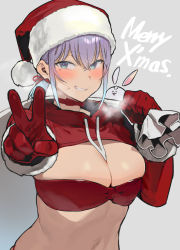 Rule 34 | 1girl, bad id, bad pixiv id, bandeau, blue eyes, blue hair, blush, breasts, christmas, cleavage, cleavage cutout, clenched teeth, clothing cutout, gloves, grey background, hat, ikuchan kaoru, ikuchan kaoru (character), indie virtual youtuber, large breasts, looking at viewer, merry christmas, midriff, mole, mole under eye, multicolored hair, navel, purple hair, red gloves, red hat, santa hat, short hair, simple background, smile, solo, teeth, two-tone hair, v, virtual youtuber