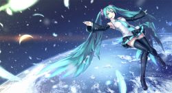 Rule 34 | black thighhighs, boots, detached sleeves, earth (planet), eclipse, feathers, green eyes, green hair, hatsune miku, high heel boots, high heels, long hair, miniskirt, necktie, planet, rokuwata tomoe, skirt, solo, space, thigh boots, thighhighs, twintails, very long hair, vocaloid, zettai ryouiki