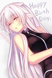 Rule 34 | 1girl, :o, bare shoulders, black jacket, black skirt, blush, breasts, closed eyes, commentary request, grey background, hair between eyes, happy birthday, highres, jacket, long hair, lying, medium breasts, murasame shia, on back, original, parted lips, pleated skirt, skirt, sleeping, sleeveless, sleeveless jacket, solo, upper body, very long hair, white hair, zzz