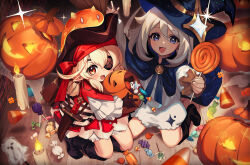 Rule 34 | 2girls, :d, alternate costume, black headwear, black socks, blonde hair, blue eyes, blue headwear, candle, candy, child, commentary, english commentary, eyepatch, food, genshin impact, halloween, halloween bucket, hat, highres, holding, holding candy, holding food, jack-o&#039;-lantern, klee (genshin impact), kneeling, long hair, looking at viewer, lucidsky, multiple girls, open mouth, paimon (genshin impact), purple eyes, red eyes, smile, socks, witch hat