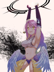 Rule 34 | 1girl, abs, angel wings, blurry, blurry background, breasts, spiked halo, cowboy shot, feathered wings, gloves, halo, hands up, highres, jewelry, jibril (no game no life), large breasts, leg tattoo, long hair, looking at viewer, low wings, magic circle, midriff, multicolored hair, navel, no game no life, open mouth, parted bangs, pendant, pink hair, purple thighhighs, sideboob, smile, solo, standing, tattoo, thighhighs, twtnw, white wings, wings, yellow eyes