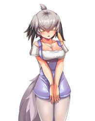 Rule 34 | 10s, 1girl, alternate costume, bare arms, bare shoulders, bead bracelet, beads, bird tail, black hair, bracelet, breasts, cleavage, collarbone, cowboy shot, earrings, embarrassed, fingernails, grey hair, grey pantyhose, hair between eyes, highres, jewelry, kemono friends, long hair, looking down, low ponytail, medium breasts, multicolored hair, off-shoulder shirt, off shoulder, open mouth, orange eyes, orange hair, overall shorts, overalls, pantyhose, pendant, ring, shirt, shoebill (kemono friends), short sleeves, side ponytail, simple background, solo, standing, tail, v arms, white background, yogert chip