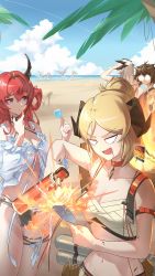 Rule 34 | 6+girls, :d, absurdres, arknights, beach, bikini, blonde hair, blue sky, brown hair, ch&#039;en (arknights), ch&#039;en the holungday (arknights), cloud, commentary request, day, fire, fire, glasses, hair bun, hair intakes, hair rings, hengxing v, highres, holding, horns, hoshiguma (arknights), ifrit (arknights), ifrit (sunburn) (arknights), lin (arknights), multiple girls, navel, ocean, open mouth, outdoors, purple eyes, red hair, round eyewear, sarashi, saria (arknights), silence (arknights), sky, smile, stomach, surtr (arknights), surtr (colorful wonderland) (arknights), swimsuit, swire (arknights), v-shaped eyebrows, water, white bikini, white hair