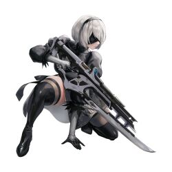 Rule 34 | 1girl, 2b (nier:automata), absurdres, ass, black blindfold, black dress, blindfold, boots, breasts, cleavage, cleavage cutout, clothing cutout, collaboration, covered eyes, crossover, curvy, dress, feather-trimmed sleeves, gloves, goddess of victory: nikke, highres, holding, holding weapon, large breasts, leotard, leotard under clothes, long sleeves, nier:automata, nier (series), official art, shiny skin, short hair, solo, squatting, thick thighs, thighhighs, thighhighs under boots, thighs, weapon, white hair, wide hips