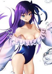 Rule 34 | 1girl, absurdres, bare shoulders, blue eyes, blue one-piece swimsuit, blue ribbon, breasts, choker, cleavage, closed mouth, collarbone, covered navel, fate/grand order, fate (series), frills, hair between eyes, hair ribbon, highleg, highleg swimsuit, highres, licking lips, little love mitsuha, long hair, long sleeves, looking at viewer, meltryllis, meltryllis (fate), meltryllis (swimsuit lancer) (fate), meltryllis (swimsuit lancer) (second ascension) (fate), one-piece swimsuit, puffy sleeves, purple hair, ribbon, sleeves past fingers, sleeves past wrists, small breasts, smile, solo, swimsuit, thighs, tongue, tongue out, very long hair, water drop