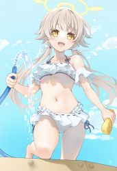Rule 34 | 1girl, :d, absurdres, bare shoulders, bikini, bikini skirt, blue archive, blue sky, blush, breasts, day, frilled bikini, frills, halo, hifumi (blue archive), hifumi (swimsuit) (blue archive), highres, holding, holding hose, hose, light brown hair, long hair, looking at viewer, navel, open mouth, outdoors, sky, small breasts, smile, solo, spraying, swimsuit, tsugaru (enoken), twintails, water, white bikini, yellow eyes