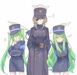 Rule 34 | 3girls, :3, ?, armband, arms behind back, bad arm, belt, black hat, blue archive, blue armband, blue shorts, blush, breasts, brown hair, carnivalaki, coat, commentary request, contrapposto, demon tail, eyepatch, gloves, green eyes, green hair, grin, hair between eyes, halo, hat, highres, hikari (blue archive), large breasts, long hair, long sleeves, looking at viewer, medium hair, multiple girls, musical note, nozomi (blue archive), peaked cap, pointy ears, shorts, simple background, smile, suou (blue archive), sweatdrop, tail, tail wrap, train conductor, trench coat, twintails, uniform, very long hair, white background, white gloves, yellow eyes