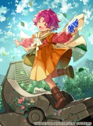 Rule 34 | 1girl, bad id, bad twitter id, blue sky, boots, cape, closed eyes, cloud, company name, copyright name, day, dress, facial mark, fae (fire emblem), fire emblem, fire emblem: the binding blade, fire emblem cipher, forehead mark, holding, leaf, long sleeves, nintendo, official art, open mouth, outdoors, pointy ears, purple hair, short hair, sky, solo, stone, tobi (kotetsu)