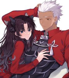 Rule 34 | 1boy, 1girl, archer (fate), bad id, bad twitter id, black bow, black hair, black ribbon, blue eyes, blush, bow, brown eyes, closed mouth, commentary request, couple, covered abs, dark-skinned male, dark skin, fate/stay night, fate (series), hair ribbon, hand in own hair, hand up, highres, long hair, long sleeves, looking at viewer, one eye closed, red eyes, red shirt, ribbon, shimatori (sanyyyy), shirt, short hair, simple background, sweatdrop, tohsaka rin, two side up, upper body, white background, white hair