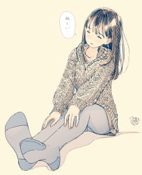 Rule 34 | 1girl, black hair, blush, closed eyes, commentary request, foreshortening, highres, hood, hood down, hooded sweater, kokudou juunigou, long hair, long sleeves, no shoes, original, pantyhose, parted lips, signature, simple background, sitting, solo, speech bubble, sweater, translation request, yellow background