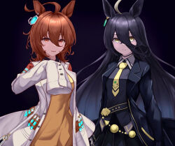 Rule 34 | agnes tachyon (umamusume), ahoge, animal ears, black background, black coat, black gloves, black hair, black shirt, breasts, brown hair, closed mouth, coat, collar, collared shirt, commentary request, cork, earrings, gloves, hair between eyes, holding, horse ears, horse girl, jewelry, lab coat, long hair, long sleeves, looking at viewer, manhattan cafe (umamusume), medium breasts, multicolored hair, necktie, open clothes, open coat, parted lips, peperoncino-sama, shirt, short hair, simple background, single earring, sleeves past fingers, sleeves past wrists, smile, steam, streaked hair, sweater vest, test tube, umamusume, upper body, very long sleeves, white coat, yellow eyes, yellow necktie, yellow sweater vest