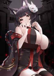 Rule 34 | 1girl, absurdres, animal ear fluff, azur lane, bare shoulders, black hair, black panties, black thighhighs, bow, breasts, cat mask, center opening, detached sleeves, highres, large breasts, looking at viewer, mask, mask on head, nail polish, panties, red bow, red eyes, red nails, rigging, short hair, sitting, solo, thighhighs, torn clothes, torn thighhighs, underwear, wide sleeves, yamaha tsui, yamashiro (azur lane), yamashiro (meta) (azur lane)