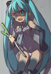 Rule 34 | 1girl, aqua eyes, aqua hair, blush, detached sleeves, hatsune miku, highres, long hair, lr., necktie, no pants, open mouth, panties, solo, spring onion, thighhighs, twintails, underwear, very long hair, vocaloid