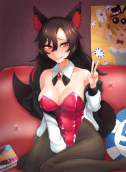 Rule 34 | 1girl, alternate costume, animal ears, black bow, black bowtie, black pantyhose, blush, bow, bowtie, breasts, brooch, brown hair, cleavage, closed mouth, collar, commentary request, couch, covering privates, covering crotch, detached collar, fang, fang out, full body, hair between eyes, highres, imaizumi kagerou, jewelry, ke-su, large breasts, leotard, long hair, long sleeves, looking at viewer, no shoes, pantyhose, poker chip, poster (object), red eyes, red leotard, sitting, smile, solo, strapless, strapless leotard, tail, touhou, v, white collar, wolf ears, wolf girl, wolf tail, yorigami jo&#039;on