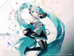 Rule 34 | 1girl, absurdly long hair, aqua eyes, aqua hair, aqua necktie, artist name, black skirt, blush, boots, breasts, commentary request, crypton future media, detached sleeves, finger gun, hatsune miku, headphones, headset, long hair, looking at viewer, musical note, necktie, piapro, rella, skirt, small breasts, solo, sparkle, thigh boots, thighhighs, tie clip, twintails, very long hair, vocaloid, watermark, web address, zettai ryouiki