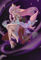 Rule 34 | 1girl, animal ears, anklet, breasts, detached sleeves, earrings, floating, fox ears, fox shadow puppet, full body, genshin impact, japanese clothes, jewelry, long hair, looking at viewer, miko, pagye, parted lips, petals, pink hair, red eyes, shoes, sidelocks, simple background, single shoe, solo, very long hair, wide sleeves, yae miko