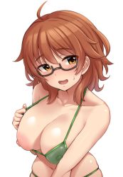 Rule 34 | 1girl, ahoge, araki hina, bikini, breasts squeezed together, breasts, brown eyes, brown hair, cleavage, collarbone, covered erect nipples, from above, glasses, green bikini, grey-framed eyewear, hair between eyes, highres, idolmaster, idolmaster cinderella girls, large breasts, looking at viewer, medium hair, navel, one breast out, open mouth, simple background, skindentation, smile, solo, swimsuit, tomajiyama, white background