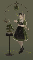 Rule 34 | 1girl, absurdres, alice (alice in wonderland), alice in wonderland, apron, bar stool, bird, black apron, black bow, black footwear, black hairband, bonsai, boots, bow, crab, dress, finger frame, green dress, hair bow, hair ornament, hairband, hairclip, high heel boots, high heels, highres, parted bangs, ponytail, puffy short sleeves, puffy sleeves, scissors, short sleeves, socks, solo, stool, wakuseiy