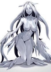Rule 34 | 1girl, breasts, colored skin, eyelashes, closed eyes, female focus, fins, grey skin, highres, monochrome, monster, monster girl, nakamura regura, navel, nipples, no hands, nude, smile, solo, tentacles, thighs, white background