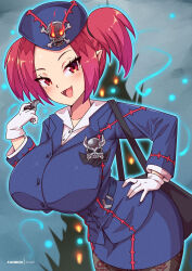 Rule 34 | 1girl, alternate breast size, black pantyhose, blue jacket, blue skirt, breasts, cowboy shot, demon girl, fangs, gloves, glowing, hat, jacket, large breasts, long sleeves, looking at viewer, miniskirt, open mouth, pantyhose, pencil skirt, pointy ears, red eyes, red hair, shirt, short hair, skirt, smile, solo, standing, tour guide from the underworld, twintails, virus-g, white gloves, white shirt, yu-gi-oh!