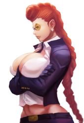 Rule 34 | 1girl, bad deviantart id, bad id, between breasts, black gloves, breast hold, breasts, capcom, crimson viper, crossed arms, cypressdahlia, earrings, from side, gloves, green eyes, huge breasts, jewelry, lips, long hair, mature female, midriff, mis, navel, necktie, necktie between breasts, nose, pompadour, red hair, safety glasses, solo, street fighter, street fighter iv (series), sunglasses, tinted eyewear, yellow-tinted eyewear