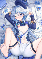 Rule 34 | 1girl, absurdres, ahoge, arm up, ascot, barefoot, blue ascot, blue bow, blue eyes, blue flower, blue hair, blue hat, blue jacket, blue nails, blush, bow, breasts, breasts out, bright pupils, cc lin, chinese commentary, commentary request, drop-shaped pupils, eyelashes, eyes visible through hair, feet, flower, foot out of frame, from above, furina (genshin impact), genshin impact, hair between eyes, hair spread out, hand up, hat, hat bow, head on pillow, highres, jacket, light blue hair, long hair, long sleeves, looking at viewer, lying, m legs, multicolored hair, nail polish, navel, nipples, no bra, nose blush, on back, on bed, one eye closed, open mouth, pillow, shorts, sidelocks, small breasts, soles, solo, spread legs, streaked hair, symbol-shaped pupils, thigh strap, thighs, toes, top hat, tsurime, unworn hat, unworn headwear, very long hair, white shorts