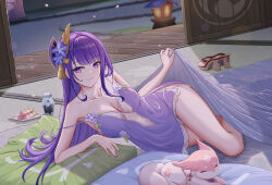Rule 34 | 1girl, alternate costume, alternate hairstyle, animalization, architecture, bad id, bad pixiv id, bare arms, bare shoulders, blanket, breasts, camisole, cleavage, closed mouth, collarbone, dango, drink, dutch angle, east asian architecture, elbow rest, falling petals, flower, food, futon, genshin impact, hair flower, hair ornament, high heels, highres, holding, holy guagua, indoors, lamp, legs, long hair, looking at viewer, lying, medium breasts, mole, mole under eye, on side, panties, petals, pillow, pink fur, purple camisole, purple eyes, purple flower, purple hair, purple nails, raiden shogun, reclining, sanshoku dango, see-through, shoes, side slit, sidelocks, smile, solo, spaghetti strap, strap slip, swept bangs, thighs, underwear, unworn shoes, wagashi, white panties, yae miko, yae miko (fox)