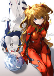 Rule 34 | 2girls, artist name, ayanami rei, blue eyes, blue hair, blush, bodysuit, breasts, brown hair, closed mouth, covered navel, evangelion: 3.0 you can (not) redo, gloves, hair between eyes, hair ornament, knees up, long hair, looking at viewer, lying, medium breasts, multiple girls, neon genesis evangelion, on back, plugsuit, rebuild of evangelion, red bodysuit, red eyes, red gloves, short hair, simple background, sitting, smile, souryuu asuka langley, sydus, thigh gap, two side up, v-shaped eyebrows, very long hair, white background, white bodysuit, white gloves