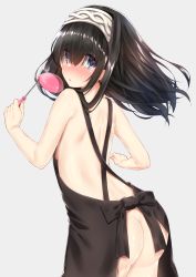 Rule 34 | 10s, 1girl, absurdres, apron, ass, back, black hair, blue eyes, chestnut mouth, go-1, grey background, hairband, highres, holding, idolmaster, idolmaster cinderella girls, ladle, long hair, looking at viewer, looking back, naked apron, parted lips, sagisawa fumika, simple background, solo
