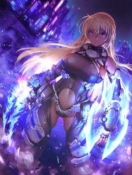 Rule 34 | 1girl, ahoge, arm armor, arm blade, black panties, blonde hair, blue theme, breasts, character request, check character, city, closed mouth, clothing cutout, commission, dated commentary, dutch angle, feet out of frame, glowing, grey leotard, hetza (hellshock), highres, large breasts, leg armor, leotard, long hair, looking at viewer, navel, navel cutout, night, original, outdoors, panties, purple eyes, purple theme, revealing clothes, sideboob, skeb commission, solo, stomach, underwear, weapon