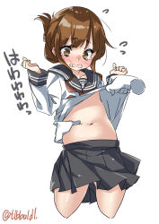 Rule 34 | 10s, 1girl, @ @, anchor symbol, arms at sides, belly grab, black skirt, blush, brown eyes, brown hair, clothes lift, collarbone, cowboy shot, cropped legs, disembodied hand, ebifurya, flying sweatdrops, folded ponytail, highres, inazuma (kancolle), kantai collection, lifting another&#039;s clothes, long sleeves, navel, neckerchief, open mouth, pleated skirt, school uniform, serafuku, sidelocks, simple background, skirt, solo focus, stomach, tears, twitter username, white background