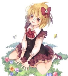 Rule 34 | 1girl, ahoge, ascot, between legs, black skirt, black vest, blonde hair, blush, buck teeth, bug, butterfly, butterfly on nose, clover, commentary request, cross-eyed, embellished costume, flower, four-leaf clover, frilled skirt, frills, hair flower, hair ornament, hair ribbon, hand between legs, hands on ground, insect, layered skirt, long sleeves, looking down, mary janes, memeo (user cxsu7473), messy hair, on grass, on ground, open mouth, red ascot, red eyes, red footwear, ribbon, rumia, shirt, shoes, short hair, simple background, sitting, skirt, socks, solo, teeth, touhou, vest, wariza, white background, white shirt, white socks