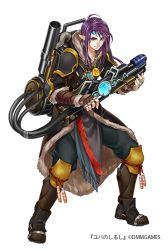 Rule 34 | 1boy, boots, brown footwear, fingerless gloves, flamethrower, fur trim, gloves, holding, holding weapon, jewelry, k2 (chandara), knee pads, long hair, male focus, necklace, official art, pointy ears, purple hair, ring, solo, standing, weapon, yuba no shirushi